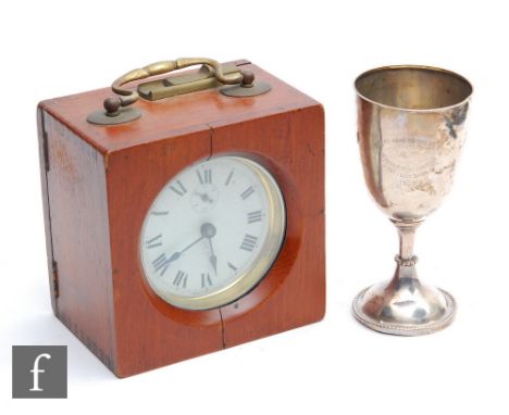 An early 20th Century German mahogany cased pigeon racing clock, 15cm x 15cm, and a silver trophy goblet for the Queens Homin