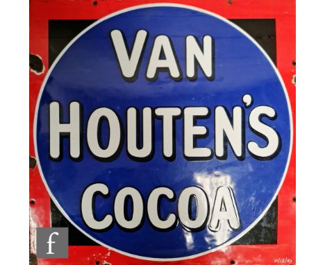 A square wall mounted advertising enamel sign for Van Houten's Cocoa, white letter with a black edge within a blue circle wit