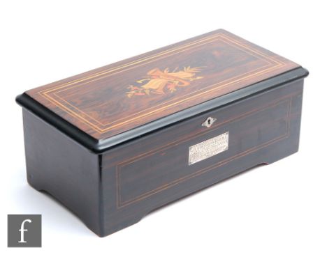 A Mermod musical box playing eight airs, serial no 51611 with tune card, cylinder 17.5cm, line inlaid and musical instrument 
