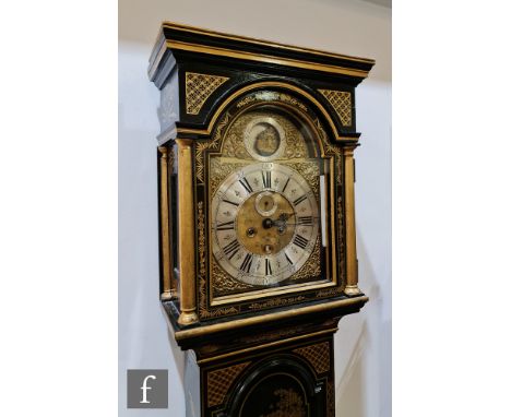 An 18th Century black chinoiserie longcase clock with eight-day striking movement, the dial with rocking ship automaton, silv