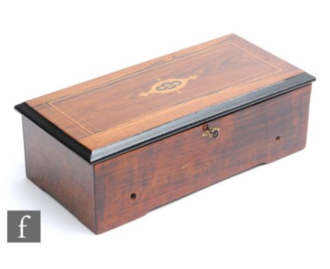 A musical box, no serial number and lacking tune card, cylinder 21.5cm, in line inlaid cartouche panel rosewood case, 43cm, A