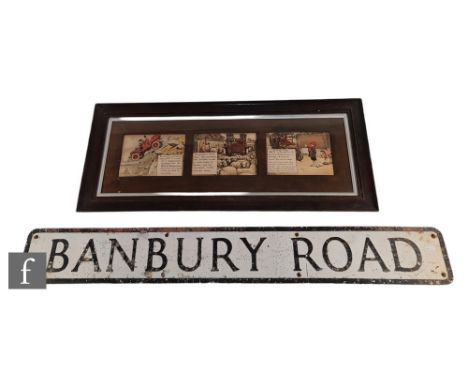 An Edwardian triple framed caricature print titled ?Registration of motor cars?, after J.C Chap, 15cm x 20cm, oak framed and 