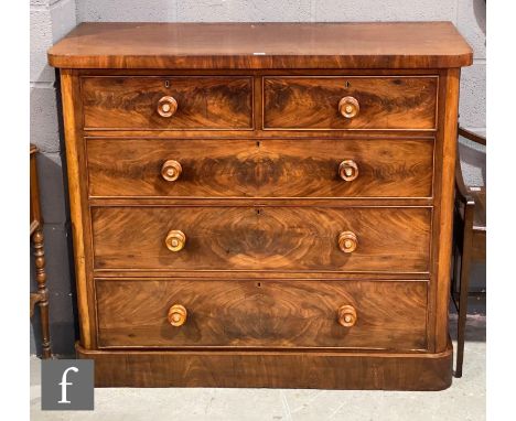 A Victorian mahogany straight front chest of two short and three long drawers, mother of pearl inset handles, on a plinth bas