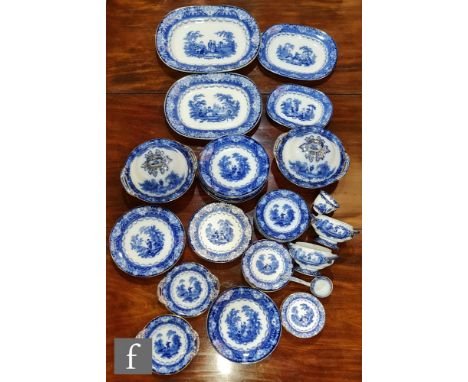 A large collection of assorted Doulton blue and white Watteau pattern dinner wares comprising four graduated meat plates (45c