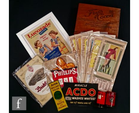 A collection of assorted advertising wares comprising a Fry's Cocoa Malted Cocoa wooden box, an Avon Brilliant Polish finger 