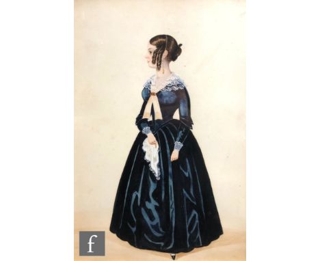 ENGLISH SCHOOL (MID 19TH CENTURY) - Portrait of a young lady, in profile, wearing a blue dress, gouache, framed, 28cm x 18cm,