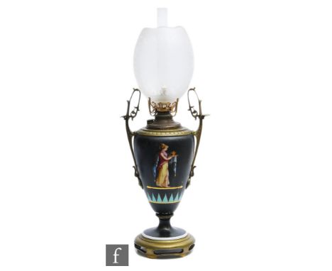A 19th Century brass oil lamp and shade, the porcelain painted body painted with a classical Romanesque figure on a black gro