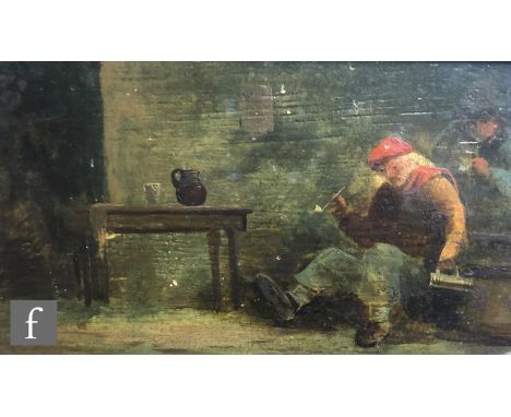 MANNER OF&nbsp;ADRIAEN BROUWER - Peasants in a tavern interior, oil on panel, framed, 13cm x 22cm, frame size 20.5cm x 30cm, 