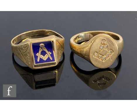 A modern 9ct Masonic signet ring with inset diamond compass and set square and a 9ct Masonic swivel ring with blue enamel com