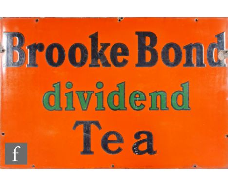 A wall mounted enamel advertising sign for Brooke Bond Dividend Tea, blue and green lettering against an orange ground, 51cm 