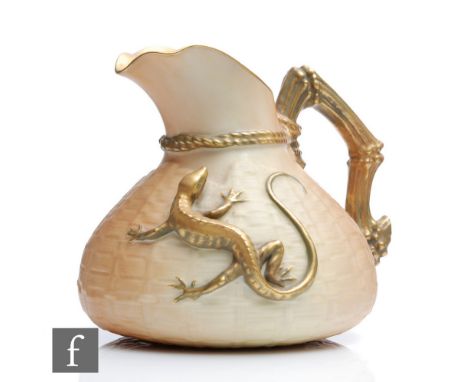 An early 20th Century Royal Worcester shape 1714 jug, the bag shaped body with basket weave moulded and applied salamander or
