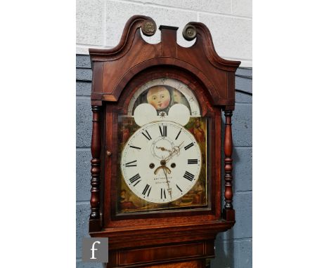 A 19th Century cross-banded and line inlaid mahogany longcase clock, the painted arch dial with moon phase and date aperture,