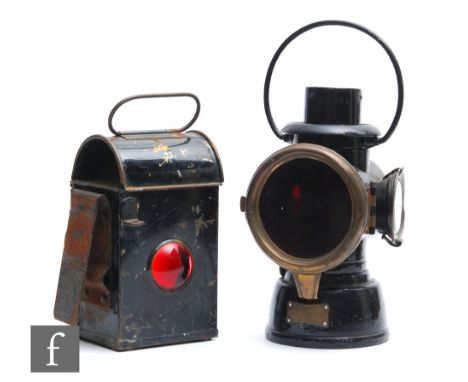 A Lucas King of the Road black painted vintage car lamp with brass bezel and red lens, height 31cm, and a GPO black painted l