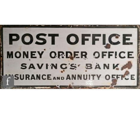 A wall mounted enamel sign 'Post Office Money Order Office, Savings Bank Insurance and Annuity Office', black lettering on wh