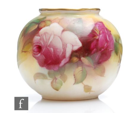 A 1930s Royal Worcester shape G161 globe vase of wrythen form panel decorated by Millie Hunt with hand painted roses, signed,