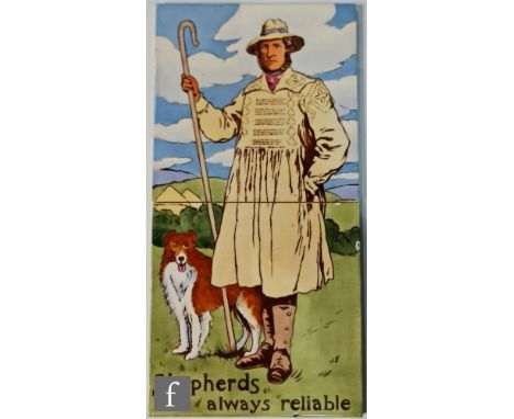 A Craven Dunnill two tile 6 inch panel Bruff's patent tile panel decorated with a shepherd and titled beneath 'Shepherds alwa