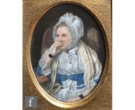 LEWIS VASLET (1742-1808) - Portrait of Dorothy Wilmot wearing a bonnet and a blue sash, pastel drawing, oval, bears label sta