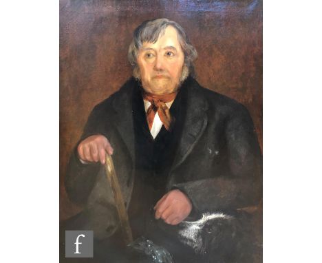 ENGLISH PROVINCIAL SCHOOL (MID 19TH CENTURY) - Portrait of a farmer with his dog, half length, oil on canvas, framed, 92cm x 