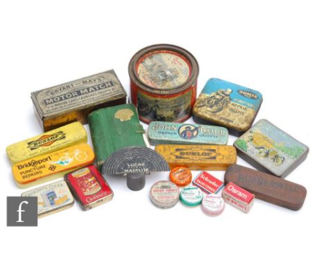 A collection of tins to include motoring, Lucas Masklite stand, silicone car polish advertising tins, a County Life smoking t