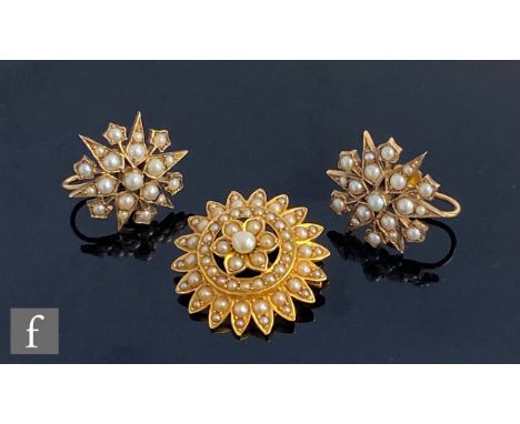 An early 20th Century 20ct circular seed pearl set target pendant/brooch, weight 6g, with a pair of matched 9ct stud earrings