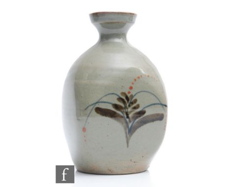 A later 20th Century Studio vase by David Leach at Lowerdown Pottery, of square form decorated with a painted foliate motif i
