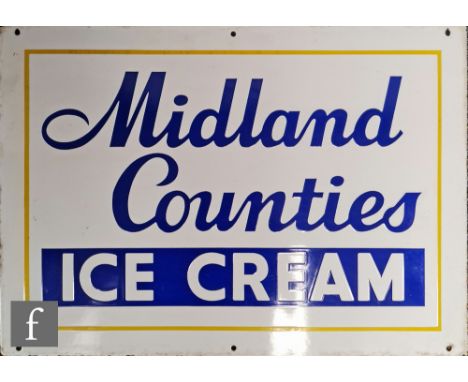 A wall mounted advertising enamel sign for Midland Counties Ice Cream, royal blue lettering against a white ground with a yel