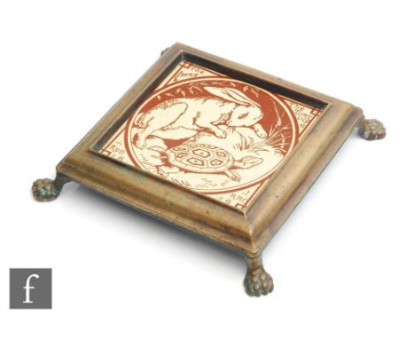 A Minton Aesop's Fable series 6 inch tile decorated with 'The hare and the tortoise ran a race' designed by John Moyr Smith, 