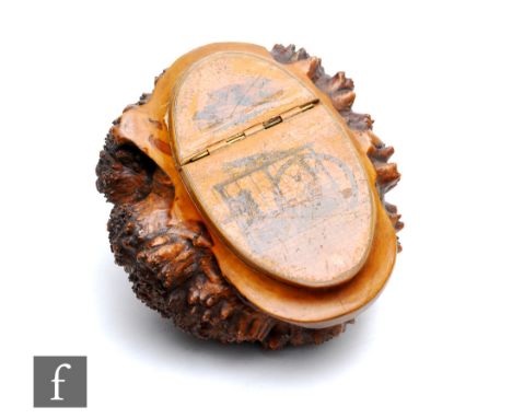 A 19th Century natural snuff box modelled from a tree burl, the hinged cover transfer decorated with a beam engine below a do