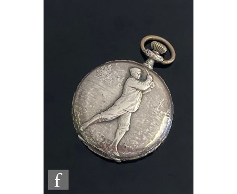 An early 20th Century Longines crown wind full hunter pocket watch with a golfer to the front cover and a tennis match to the