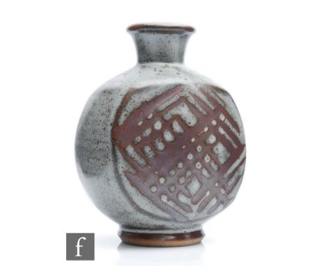 A later 20th Century studio vase by John Leach at Muchelney pottery, of footed rounded rectangular form with a squat collar n