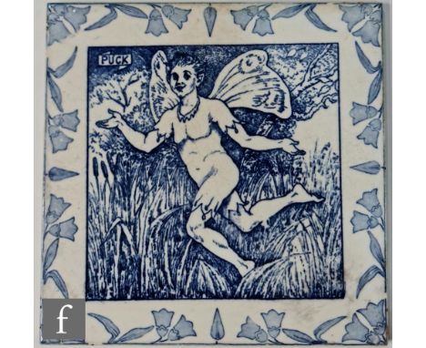 A Thomas Allen for Wedgwood 8 inch tile decorated in blue and white with Puck from Shakespeare's A Midsummer Night's Dream wi