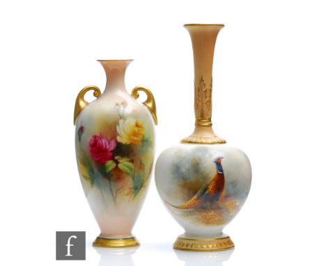 Two Royal Worcester vases, the first shape 1661 of footed globe and shaft form panel decorated by Stinton with a pheasant, si