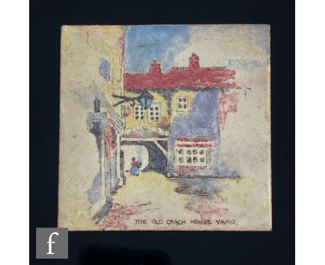 A square enamelled panel depicting The Old Coach House Yard, 8.5cm square, signed to reverse. 