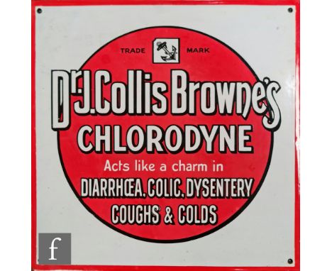 A square wall mounted advertising enamel sign for Dr. J. Collis Brownes, white lettering with a black border against a red an