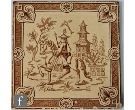 A Minton Hollins 6 inch tile from the Oriental series transfer decorated with a Chinese man on horseback holding a spear with