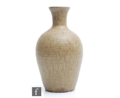 A later 20th Century Trevor Corser for Leach Pottery studio pottery vase of high shouldered form with an all over olive green