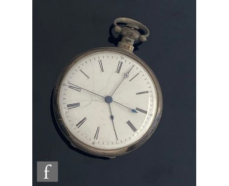A late 19th Century white metal open faced key wind pocket watch with Roman numerals to a white enamelled dial, case diameter