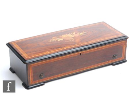 A musical box playing eight airs, serial no 4330, with tune card, cylinder 28cm, in crossbanded and floral case decorated wit