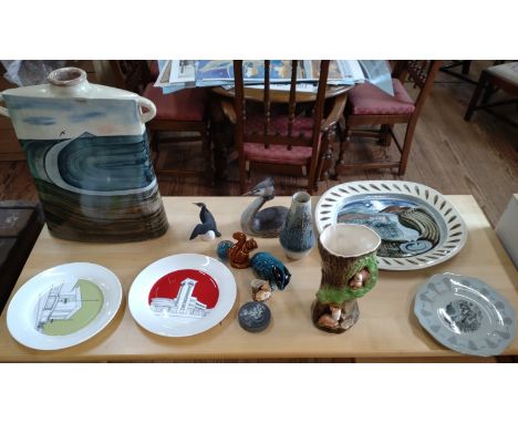 A Ciara Campbell large terracotta flask 47cm and an oval platter 44cm, two London Transport Museum plates, Wedgwood Eric Ravi