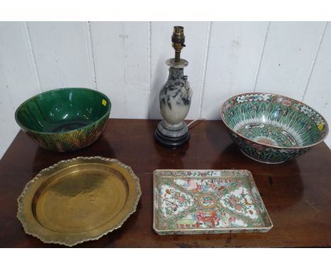Canton famille-rose rectangular dish depicting figures on a terrace 24cm wide, two bowls 27.5cm and 24cm diameter, a brass di