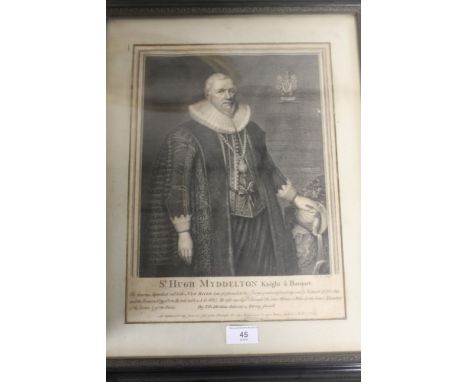 A FRAMED AND GLAZED ENGRAVING OF A PORTRAIT OF SIR HUGH MYDDELTON