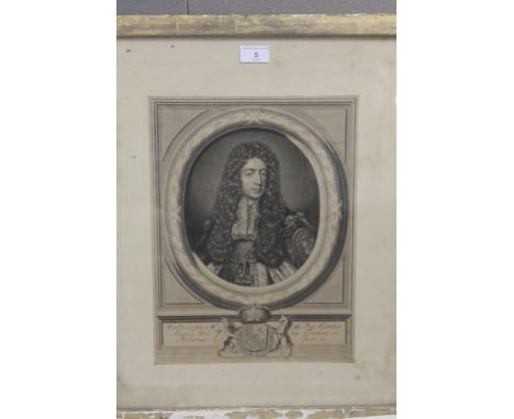A FRAMED AND GLAZED ENGRAVING, DEPICTING A PORTRAIT OF A MAN WITH A WIG