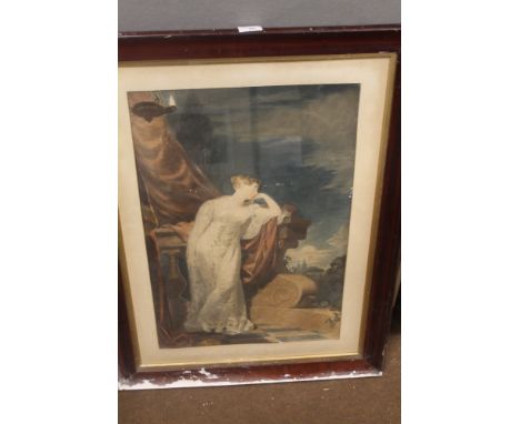 A FRAMED AND GLAZED COLOURED PRINT OF A FULL LENGTH PORTRAIT OF A LADY