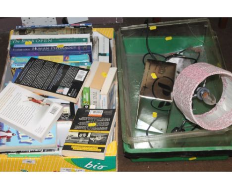 A BOX OF ASSORTED BOOKS, TOGETHER WITH A POLAROID CAMERA, AND TABLE LAMP, ETC