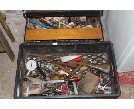 A CARPENTERS CHEST TOGETHER WITH A BOX OF TOOLS, ETC