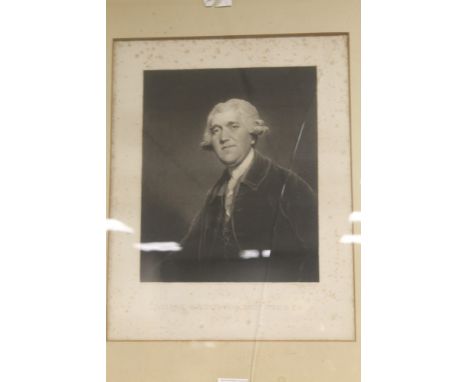 A FRAMED AND GLAZED MEZZOTINT OF A PORTRAIT OF JOSIAH WEDGWOOD ENGRAVED BY S W REYNOLDS AFTER JOSHUA REYNOLDS. PUBLISHED BY R