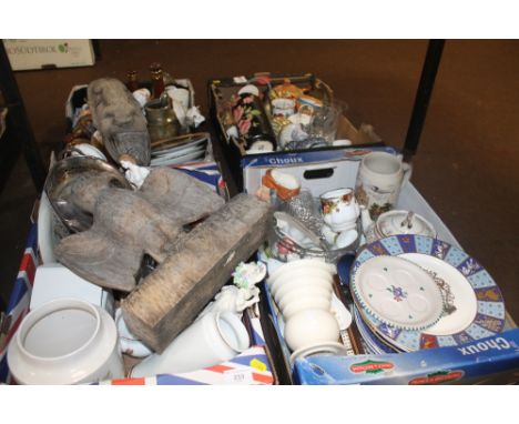FOUR TRAYS OF CHINA AND CERAMICS, TO INCLUDE BELLS DECANTERS, LLADRO, POOLE, AYNSLEY, ETC