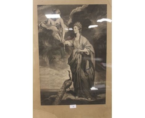 A FRAMED AND GLAZED MEZZOTINT OF A PORTRAIT OF A LADY WITH A PEACOCK