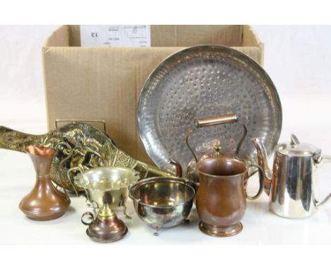 Box of mixed metalware including silver plate, copper and brass including vintage copper kettle with stand and burner 