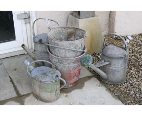 Group of vintage galvanized items to include watering cans and buckets